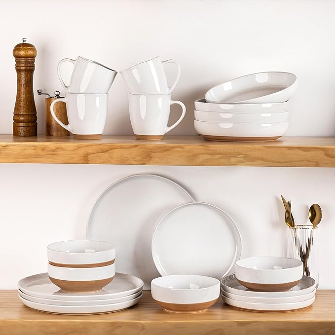 AmorArc Ceramic Dinnerware Sets for 6, 18 Pieces Handpainted Plates and Bowls Set with Rustic Terracotta Underside, Scratch Resistant Stoneware Dishes Set, Dishwasher & Microwave Safe, White