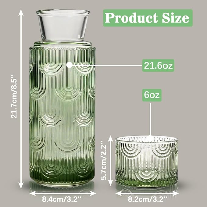 Bedside Water Carafe and Glass Set, 21.6oz Water Carafe with 6oz Glass Cup with Lid, Green