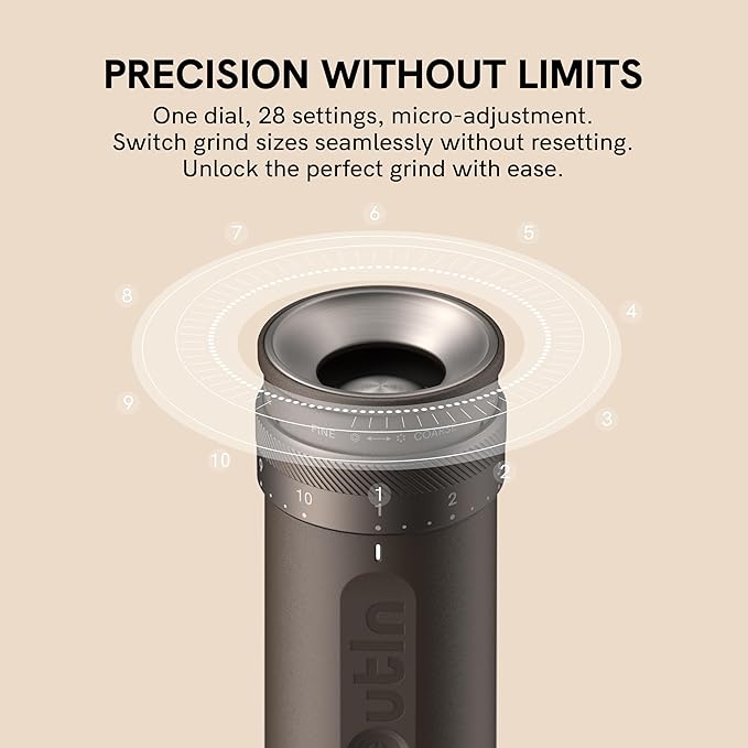 OutIn Fino Portable Electric Coffee Grinder,Adjustable Coffee Bean Grinder with 28 Precise Grind Setting,One-Button Burr Coffee Grinder with Fast‑Charge Battery, Auto‑Stop & Clog‑Protection