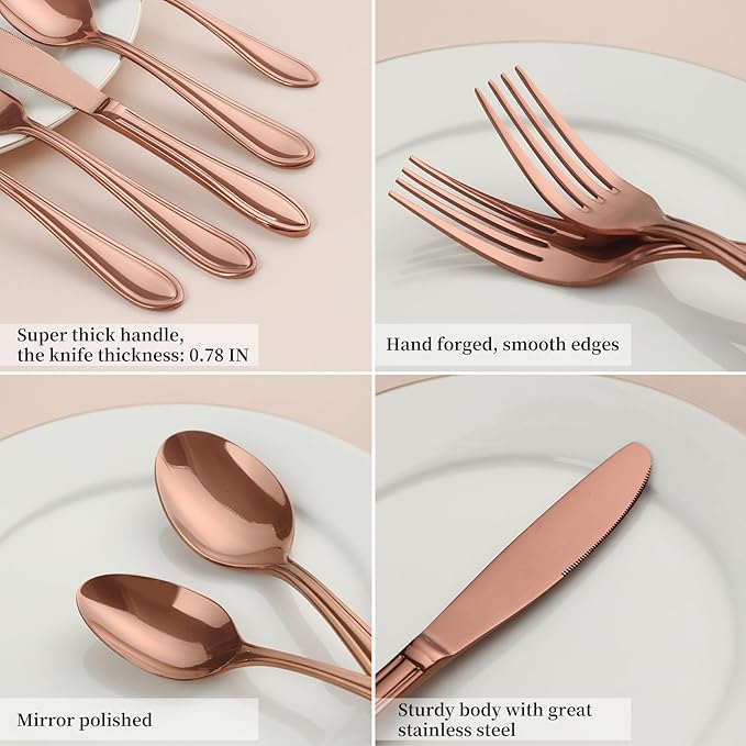 Rose Gold Silverware Set,20-Piece Stainless Steel Flatware for 4, Heavy-Duty 18/0 Stainless Steel Utensils,Mirror Polished Dishwasher Safe for Home & Kitchen Dining