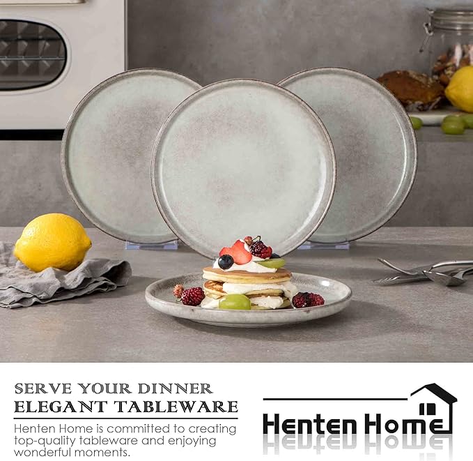 Henten Home Ceramic Dessert Plates, 8 Inch Porcelain Salad Plates Set of 4, Fluted Round Snack Plates for Kitchen, Cake Serving Stoneware Dishes, Reactive Glaze, Scratch Resistant (Grey)