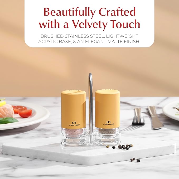 Yellow Salt and Pepper Shakers with Holder - Elegant Stainless Steel Salt Shaker and Pepper Shaker Set with Acrylic Holder for Kitchen Counter or Restaurant Table