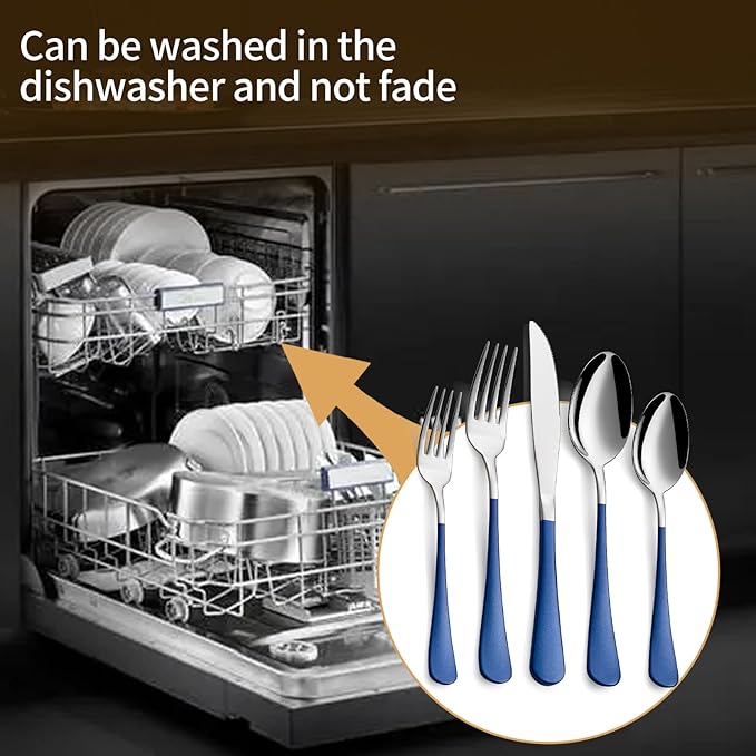 20-Piece Dark Blue Silverware Set 18/0 Stainless Steel Silverware Set Dark Blue Handle Cutlery Set Service for 4 Dinner Knives Forks Spoons Set Flatware Set Finish Dishwasher Safe