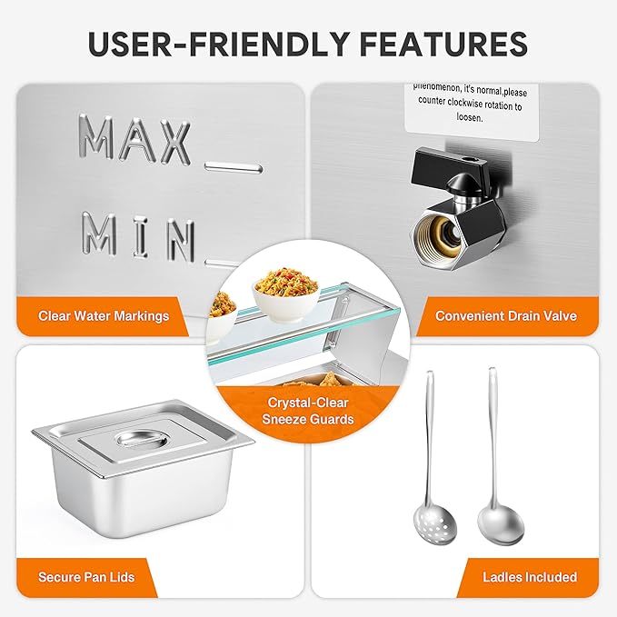 WILPREP 10-Pan Commercial Food Warmer with Sneeze Guard, Ten 1/2 Pans, 1500W Countertop Electric Warmer, 86-185°F Adjustable Temp Control, Stainless Steel Buffet Bain Marie