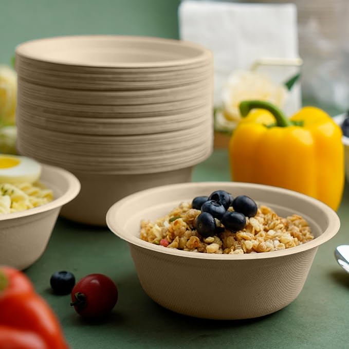 200 Count 16 oz Paper Bowls, Disposable Compostable Bowls, Heavy Duty Biodegradable Sugarcane Bagasse Bowl for Breakfast, Salad, Fruits, Desserts, Natural