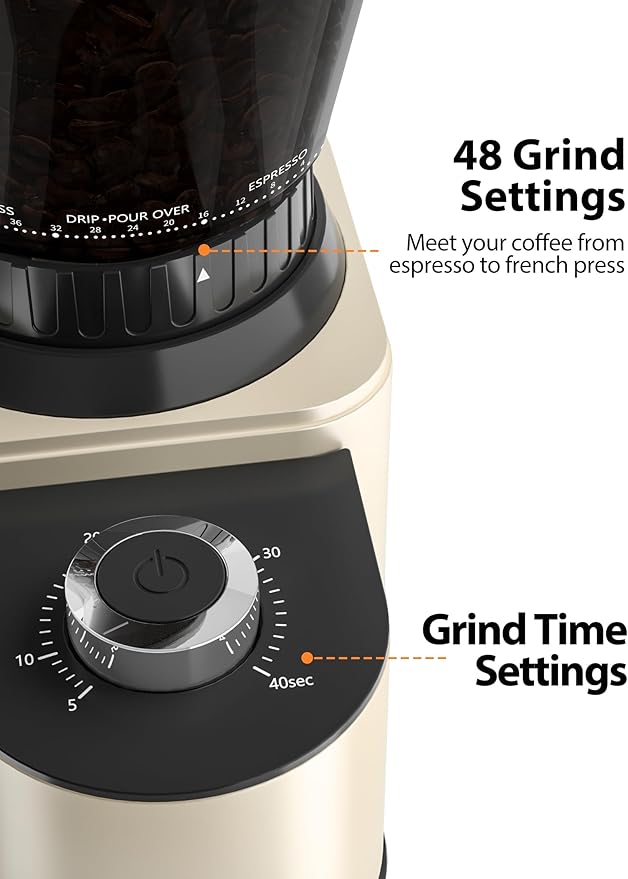 Aromaster Coffee Bean Grinder with 48 Gind Settings, Conical Burr Coffee Grinder for Home Use,Stainless Steel,40 Seconds Adjustable Timer,Anti-static,Easy to Clean with Brush,Beige