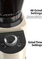 Aromaster Coffee Bean Grinder with 48 Gind Settings, Conical Burr Coffee Grinder for Home Use,Stainless Steel,40 Seconds Adjustable Timer,Anti-static,Easy to Clean with Brush,Beige