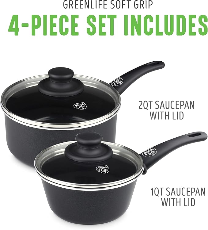 GreenLife Soft Grip 1QT and 2QT Saucepan Set, Healthy Ceramic Nonstick, Non Toxic PFAS & PFOA-Free, Dishwasher Safe, Glass Lids, Stay-Cool Handles, Easy Clean Cookware, Kitchen Essentials, Black
