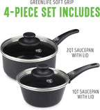GreenLife Soft Grip 1QT and 2QT Saucepan Set, Healthy Ceramic Nonstick, Non Toxic PFAS & PFOA-Free, Dishwasher Safe, Glass Lids, Stay-Cool Handles, Easy Clean Cookware, Kitchen Essentials, Black