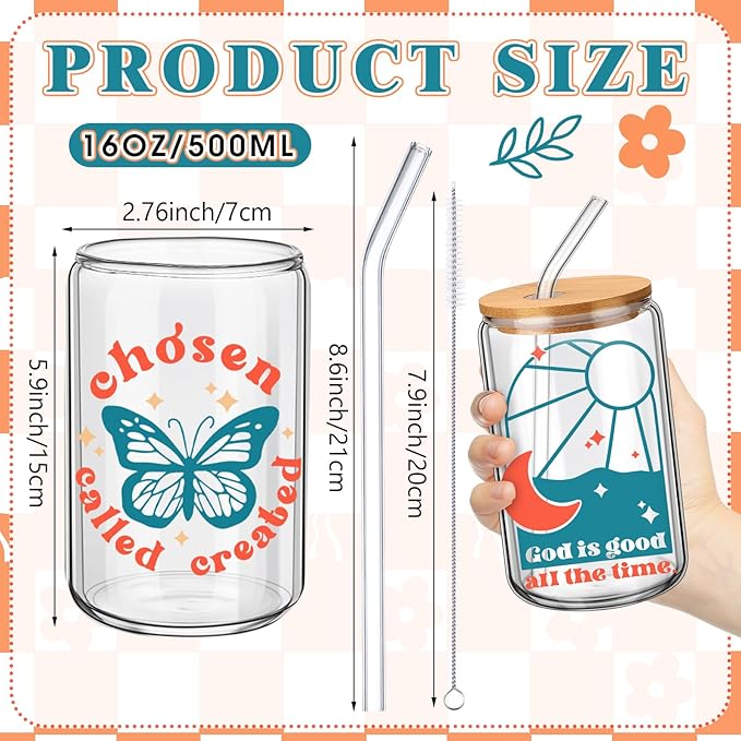 6 Pcs Christmas Jesus Christian Glasses 16 oz Drinking Glass Cup with Bamboo Lid and Glass Straw Can Shaped Beer Tumbler for Women Teenager Birthday Party Favor Christmas Appreciation Gift