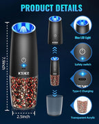 Rechargeable Electric Pepper and Salt Grinder Set, No Battery Needed, whit Gravity Sensing Switch and LED Light, One Hand Automatic Operation, Black, 2 Pack
