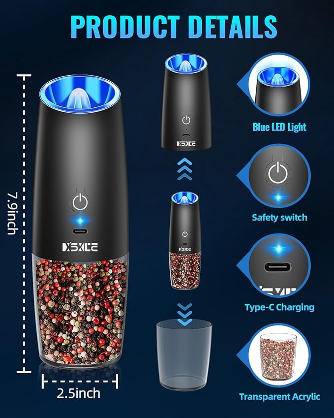 Rechargeable Electric Pepper and Salt Grinder Set, No Battery Needed, whit Gravity Sensing Switch and LED Light, One Hand Automatic Operation, Black, 2 Pack