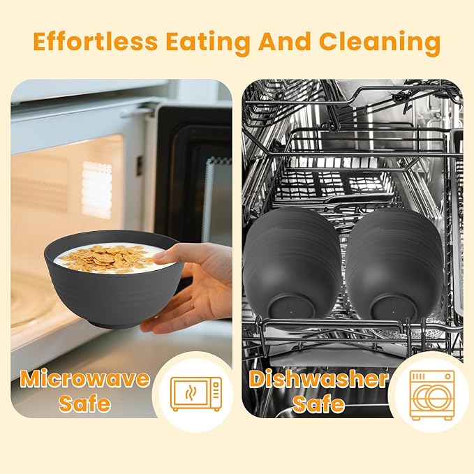 Hoimenly Wheat Straw Bowls for Kitchen, Unbreakable Cereal Bowl Set of 8, 26oz Microwave and Dishwasher Safe Bowls Set for Party, Camping, Alternatives to Plastic Bowl, Stackable Soup Bowls(Dark Grey)