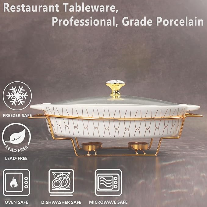 11" x 7.5" Ceramic Oval Casserole Dish with Glass Lid and Gold rack, 40 Ounce Serving Soup Tureen,Chafing Dish for Buffet, Family Food preserve Tray, Catering Casserole for Party Style, White