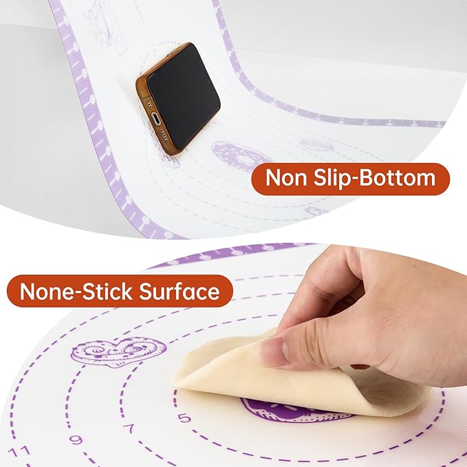 Non Stick Silicone Pastry Mat for Dough Rolling, Silicone Baking Mat for Bread, Cookie, Macaron, Pizza, Surdough, Non Slip Silcone Mat for Counter, Baking Suppliers with 10 Useful Recipes
