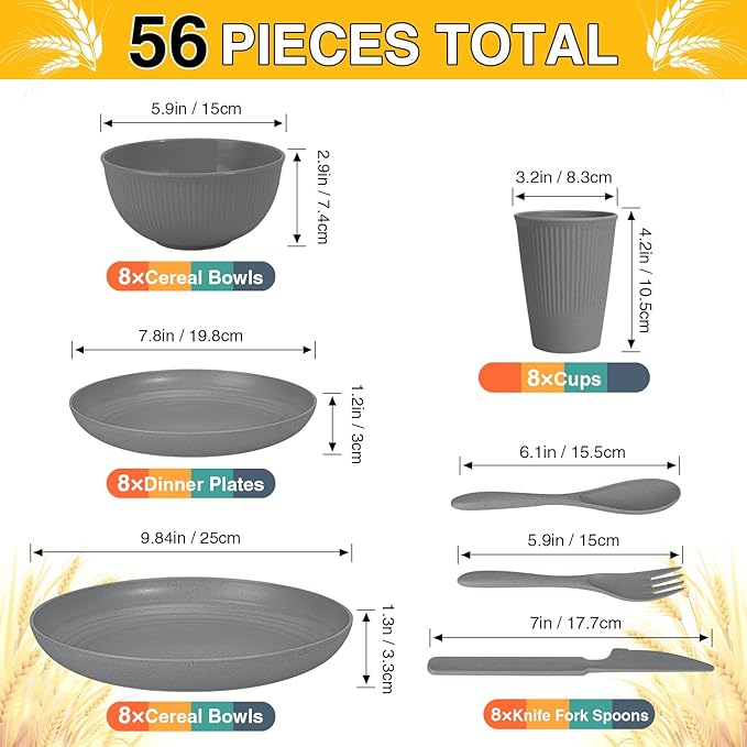 LAERJIN 56 Piece Wheat Straw Dinnerware Sets,Unbreakable Reusable Dinnerware Set,Dishwasher & Microwave Safe Plates and Bowls Sets, for Apartment Essentials, Outdoor Camping, Gray