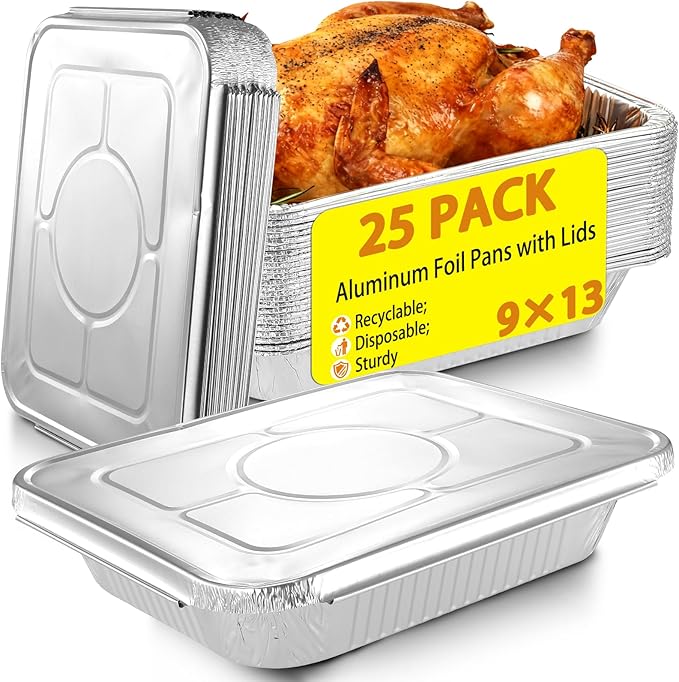 Aluminum Foil Pans 9x13 - Disposable Half Size Deep Steam Table Tin Foil Pans for Oven Baking Cake, Roasting Turkey, Food Prepping, Storing, Freezing, Chafing (25 Pack with Lids)