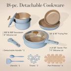 CAROTE 18Pcs Titanium Reinforced Nonstick Pots and Pans Set, Nonstick Cookware Set with Detachable Handle, Induction Kitchen Cookware Sets Removable Handles, Dishwasher Safe, Oven Safe, Blue