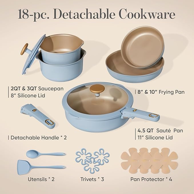 CAROTE 18Pcs Titanium Reinforced Nonstick Pots and Pans Set, Nonstick Cookware Set with Detachable Handle, Induction Kitchen Cookware Sets Removable Handles, Dishwasher Safe, Oven Safe, Blue
