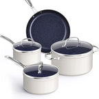 Nuwave Healthy Duralon Blue Ceramic Nonstick Coated 7pc Cookware Set, Scratch-Resistant Diamond Infused, PFAS Free, Induction Ready & Evenly Heats, Oven Safe, Tempered Glass Lids