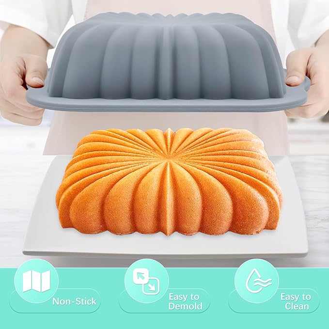 To encounter 65 Pieces Silicone Baking Pans Set, Metal Framed Silicone Tube Cake Pans, Nonstick Fluted Loaf Pans for Muffin, Cake, Bread, with Measuring Cups and Spoons Set, Light Grey