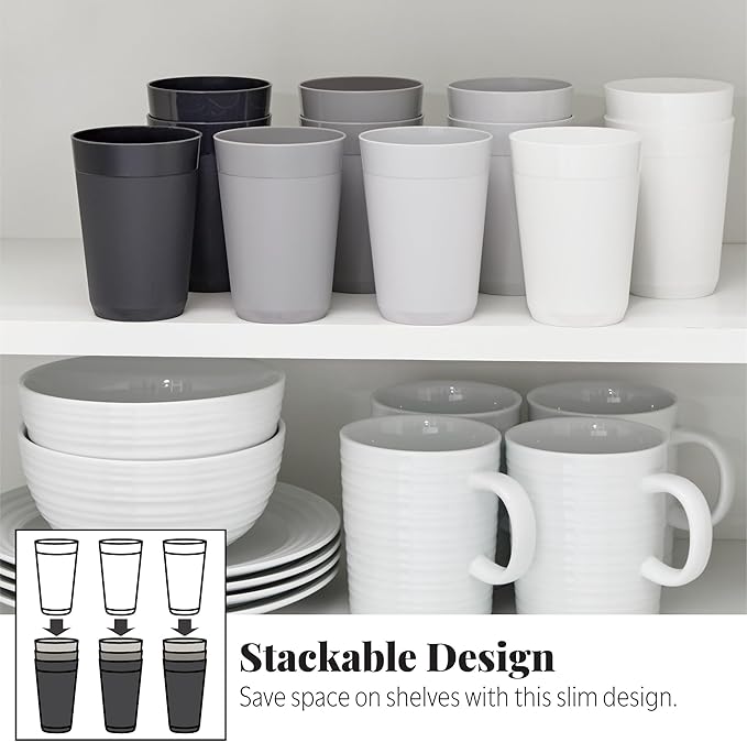 US Acrylic Newport 10 ounce Unbreakable Plastic Stackable Juice Tumblers in Grey Stone | Set of 12 Drinking Cups | Reusable, BPA-free, Made in the USA, Top-rack Dishwasher and Microwave Safe