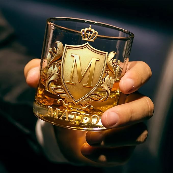 Personalized Whiskey Glass | Custom Golden 3D Initial Badge with Name | 10 oz Drinking Glass Customized Gifts for Man Bartender Whiskey Enthusiast