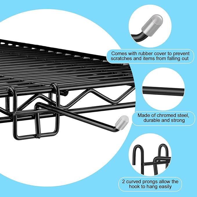 8 Pcs Accessory Hooks for Wire Shelving with Rubber Cover Heavy Duty Metal Hooks for Hanging Kitchen Utensils Wire Shelf Accessories Room Organization (Black)