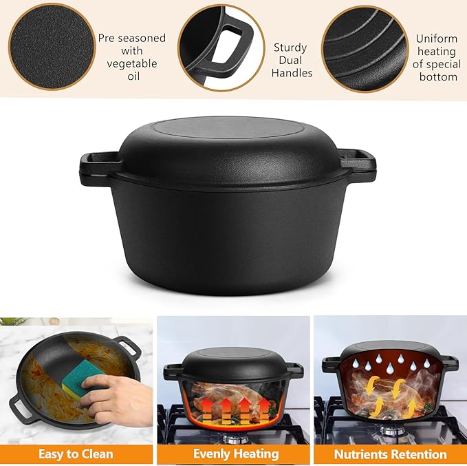 P&P CHEF 5Qt Dutch Oven Pot for Bread Baking (Black), 2 In 1 Round Cast Iron Dutch Oven with Lid Set, Skillet & Pot for Roasting Braising Stewing Frying Simmering, Multi Stoves & Oven Safe