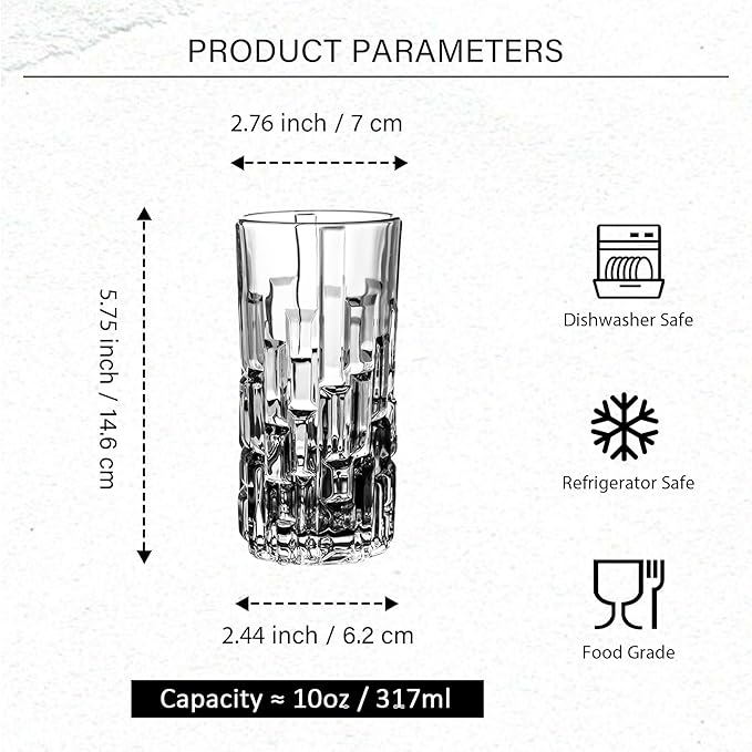 Highball Glasses Set of 6, Water Glasses, Collins Tall Beverage Cups Glassware for Drinks, Water, Beer, Soda, Cocktail 10 OZ