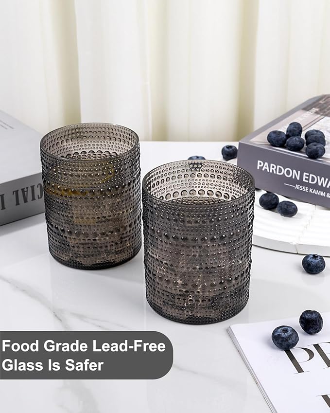 YOUBET 24PCS Plastic Drinking Glasses - 14OZ Black Hobnail Drinkware Glasses - Vintage Glassware Textured Beaded Cups for Water, Beer, Whiskey, Juice and Various Mixed Drinks, halloween