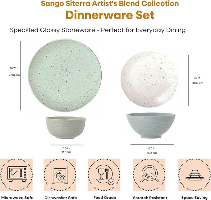 Sango Siterra Artist's Blend 16-Piece Stoneware Dinnerware Set for 4, Green, Cream & White Glossy Dishes with Speckles, Ceramic Plates and Bowls Sets for Everyday Dining, Microwave & Dishwasher Safe