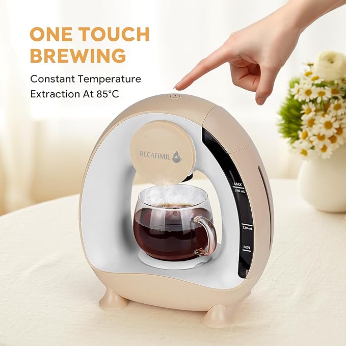 Single Serve Coffee Maker For K Cup Pod and Coffee Grounds /Tea, Fast Brew in 2 minutes, 2 IN 1 One Button Coffee Machine 4-8 Oz Brew Sizes, Stylish＆Compact For Home, Office, RV and Dorm, Champagne