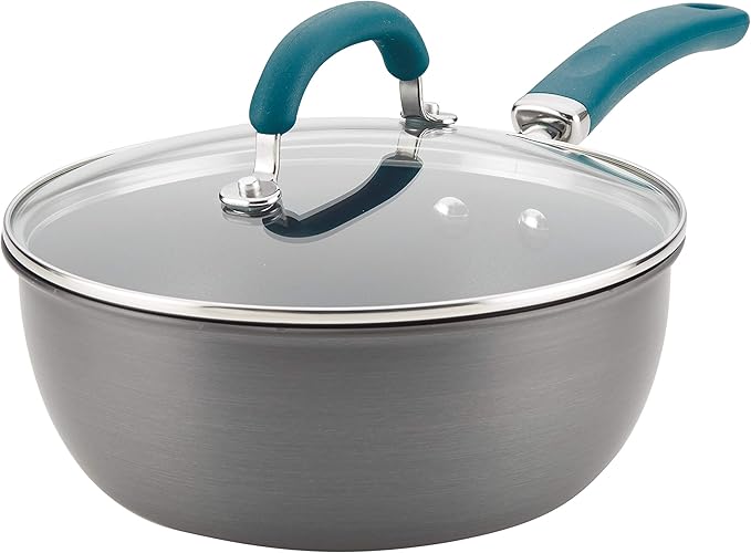 Rachael Ray Create Delicious Hard Anodized Nonstick Saute/All Purpose Pan with Lid, 3 Quart - Gray With Teal Handles