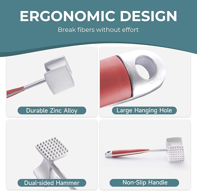 KITEXPERT Meat Tenderizer Hammer with Comfortable-Grip Handle, Dual-side Mallet for Kitchen, Heavy Duty Pounder For Tenderizing Steak, Beef and Fish, Red