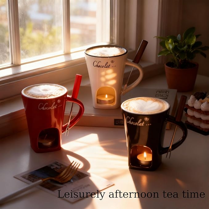 Chocolate Fondue Mug, Fondue Cups Tealight, Chocolate Melting Mug With Candle, Mini Ceramic Chocolates Melting Cup With Forks, Date Night Birthday Wedding Gifts (Red)