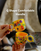 Ceramic Mini Espresso Cups Set of 2 – 3 oz Double Espresso Coffee Cups with Q Handle, Yellolw Floral and fruit Pattern, Small Espresso Shot Cups for Home Coffee Bar,Lungo