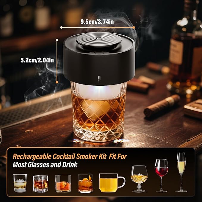 Electric Whiskey Smoker Kit with 6 Wood Chips | Flameless Drink Smoker for Cocktail, Old Fashioned & Bourbon | No Butane Needed - Bourbon Whiskey Gifts for Men, Dad