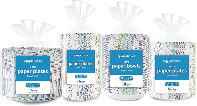 Amazon Basics Ultra Paper Plates, 6.87 Inch, Disposable, 1200 Count (4 Packs of 300) (Previously Encore)