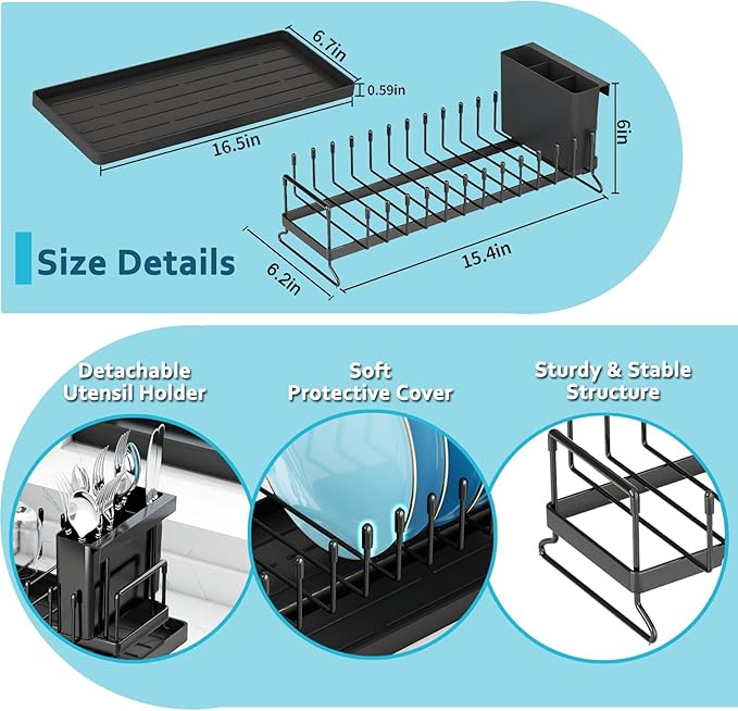 ANTOPY Small Dish Drying Rack - Compact Dish Rack for Kitchen Counter with Silicone Dish Drying Mat, Stainless Steel Dish Drainer for Kitchen Sink Cabinet, Space Saving Plate Rack Cutlery Holder