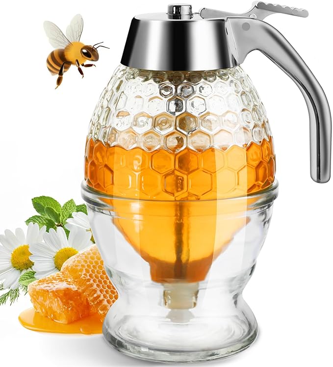 Honey Dispenser, Glass Honey Dispenser No Drip, Honey Pot with Stand, 8 oz Honey Jar, Maple Syrup Honey Container, Elegant Honeycomb Design for Home Decor for Any Occasion