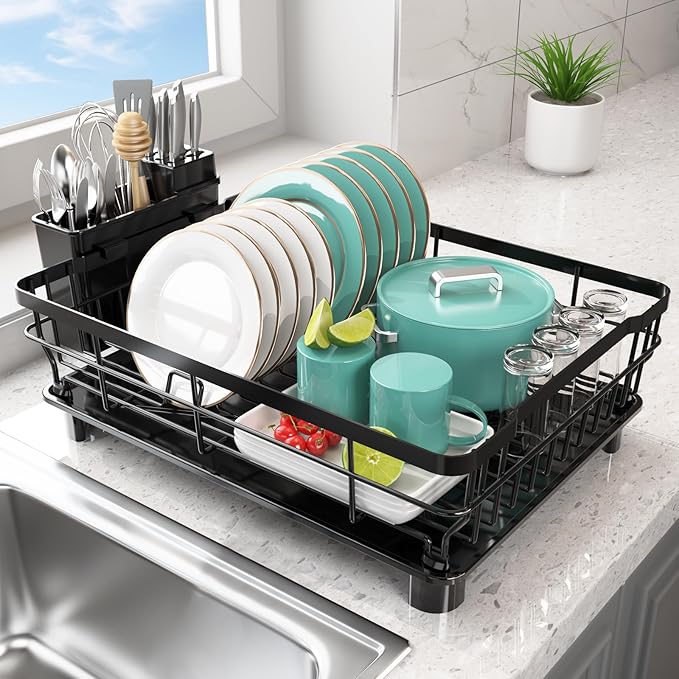Dish Drying Rack - Space Saving Dish Rack - Dish Racks for Kitchen Counter with Drainboard,Rustproof Dish Drainer with Removable Utensil Holder,Black