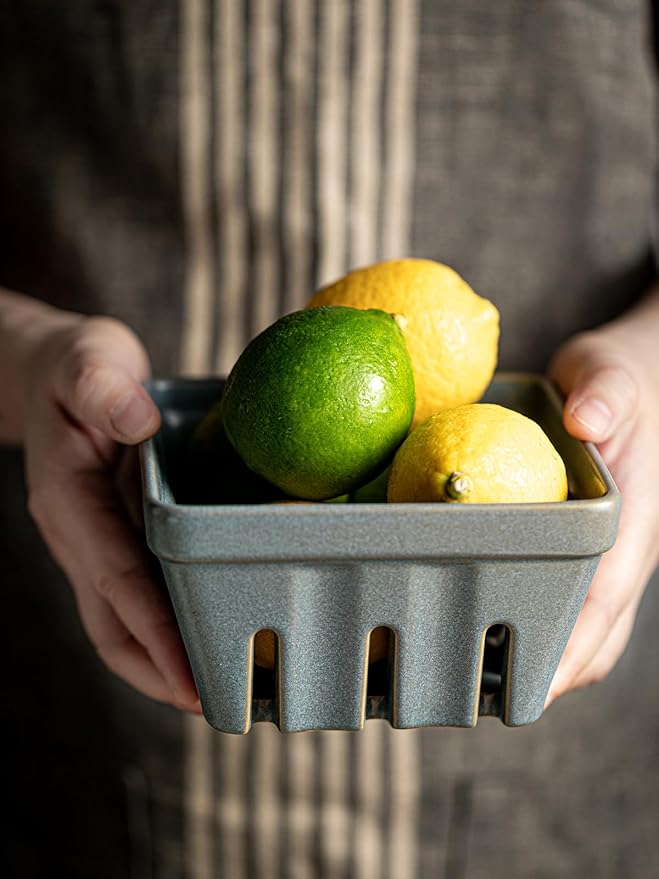 Gomakren Fruit Bowl with Holes, Ceramic Berry Basket Set of 2, 5.7 Inch Square Fruit Basket for Kitchen, Berry Containers for Table, Modern Kitchen Decor, Slate Blue