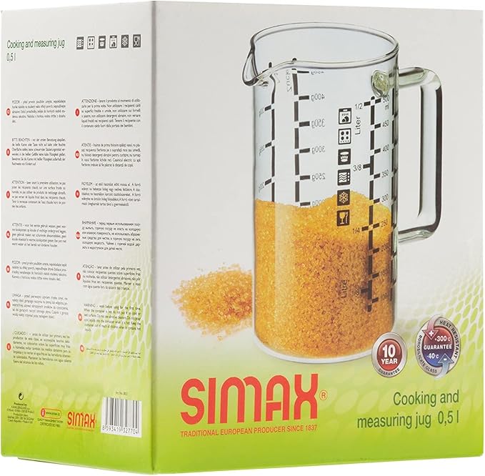 Simax Glass Measuring Cup, 16 Ounce Durable Borosilicate Glass, Easy to Read Metric Measurements, Liter, Milliliter, Ounce, Sugar Grams, Flour Grams, Drip Free Spout, Microwave and Dishwasher Safe