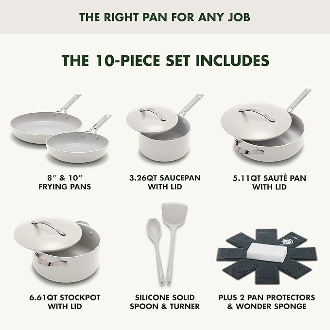 GreenPan Nova 10-Piece Cookware Pots & Pans Set, Oprah’s Favorite Things 2024, PFAS-Free Ceramic Nonstick, Fry, Sauté, Stockpot, Utensils, Lids, Induction Suitable, Dishwasher & Oven Safe, Cream White