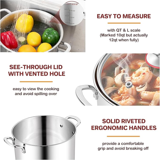 TeamFar 12 Quart Stock Pot, Stainless Steel Tri-ply Stockpot Large Pasta Soup Cooking Pot with Clear Lid, for Induction Gas Electric Ceramic, Healthy & Heavy Duty, Solid Handles & Dishwasher Safe