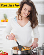 Pack of 4 Silicone Cooking Utensils Set, Non Stick Solid Spatulas and Heat Resistant Slotted Spoons with Wooden Handle, Ideal Wood Kitchen Utensils Set for Frying,Serving,Turning,Stirring (BLACK)