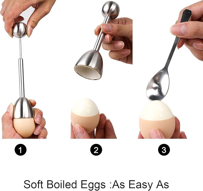 Egg Cracker Topper Set Soft Hard Boiled Eggs Separator Holder Include 4 Egg Spoons and 4 Egg Cups 1 Shells Remover Top Cutter Stainless Steel for Breakfast Kitchen Tool