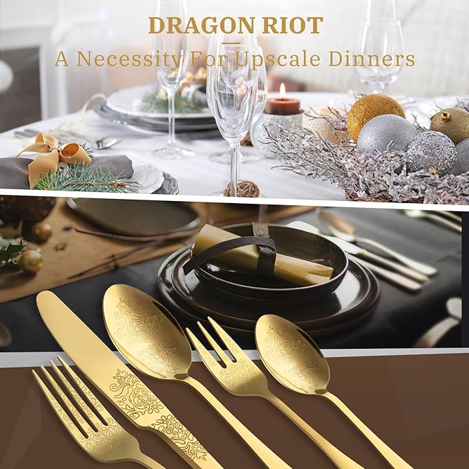20-Piece Stainless Steel Silverware Set, Elegant Floral Engraved Cutlery Flatware Set for 4, Golden Tableware Utensil Sets Durable Include Fork Spoon Knife with Mirror Polish