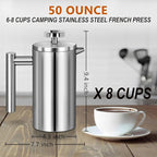 Large French Press Coffee Maker 50oz (1.5L), 304 Stainless Steel Double Wall Insulated Tea Press for Camping, Backpacking, Party, Travel, Gift Set, Dishwasher Safe (Silver, 6-8 Cups)